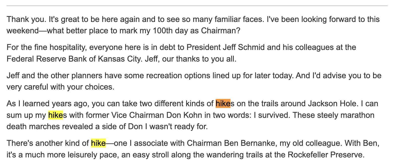 Excerpt from Warsh's Jackson Hole speech with the word hike highlighted